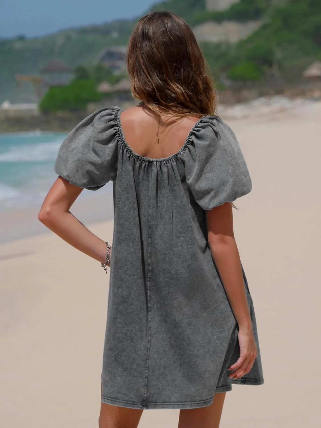 EXLURA Womens Summer Denim Short Puff Sleeve Dresses Knit Loose Plus Size Short Mini Dress 2025 Trendy Outfit