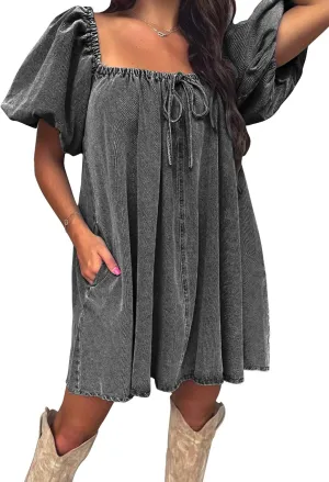 EXLURA Womens Summer Denim Short Puff Sleeve Dresses Knit Loose Plus Size Short Mini Dress 2025 Trendy Outfit