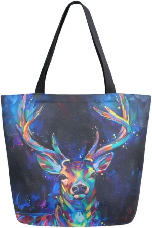 Extra Large Canvas Shoulder Tote Bag, Art Rainbow Colors Deer Painting Durable Daily Womens Handle Bag for Gym Yoga Weekender Picnic Beach Travel Kitchen Reusable Market Grocery Shopping
