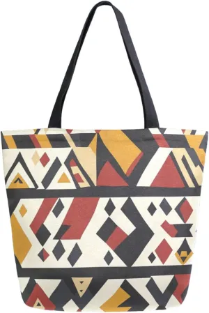 Extra Large Canvas Shoulder Tote Bag, Ethnic Geometric Stripes Checks Durable Daily Womens Handle Bag for Gym Yoga Weekender Picnic Beach Travel Kitchen Reusable Market Grocery Shopping