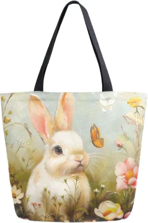 Extra Large Canvas Shoulder Tote Bag, Lovely White Bunny Flowers Spring Durable Daily Womens Handle Bag for Gym Yoga Weekender Picnic Beach Travel Kitchen Reusable Market Grocery Shopping
