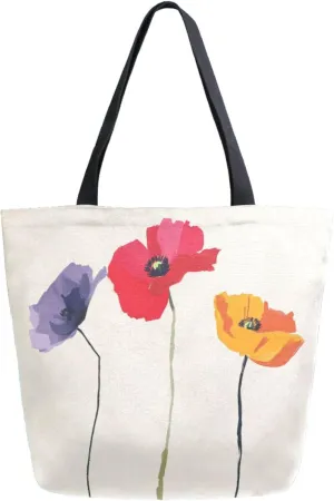 Extra Large Canvas Shoulder Tote Bag, Three Colors Design Art Red Poppy Durable Daily Womens Handle Bag for Gym Yoga Weekender Picnic Beach Travel Kitchen Reusable Market Grocery Shopping