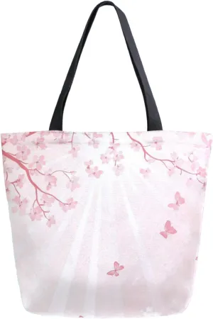 Extra Large Shoulder Grocery Tote Bag, Beautiful Cherry Blossoms Flying Butterflies Canvas Durable Daily Handle Bag Reusable for Gym Weekender Picnic Yoga Beach Travel Kitchen Market Shopping