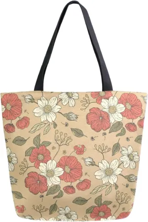 Extra Large Shoulder Grocery Tote Bag, Retro Red Poppy Flowers Canvas Durable Daily Handle Bag Reusable for Gym Weekender Picnic Yoga Beach Travel Kitchen Market Shopping