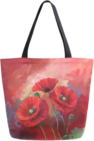 Extra Large Shoulder Gym Tote Bag, Beautiful Red Poppy Painting Colors Canvas Handle Bag for Yoga Weekender Picnic Beach Travel Kitchen Reusable Market Grocery Shopping