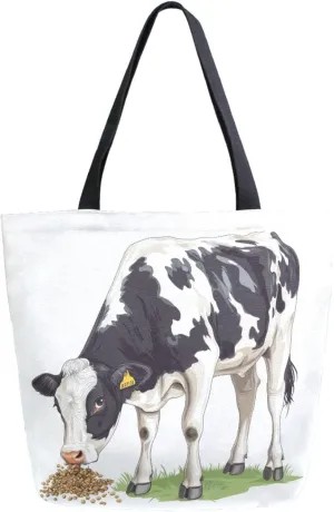 Extra Large Shoulder Gym Tote Bag, Farm Cow Eating Food Canvas Handle Bag for Yoga Weekender Picnic Beach Travel Kitchen Reusable Market Grocery Shopping