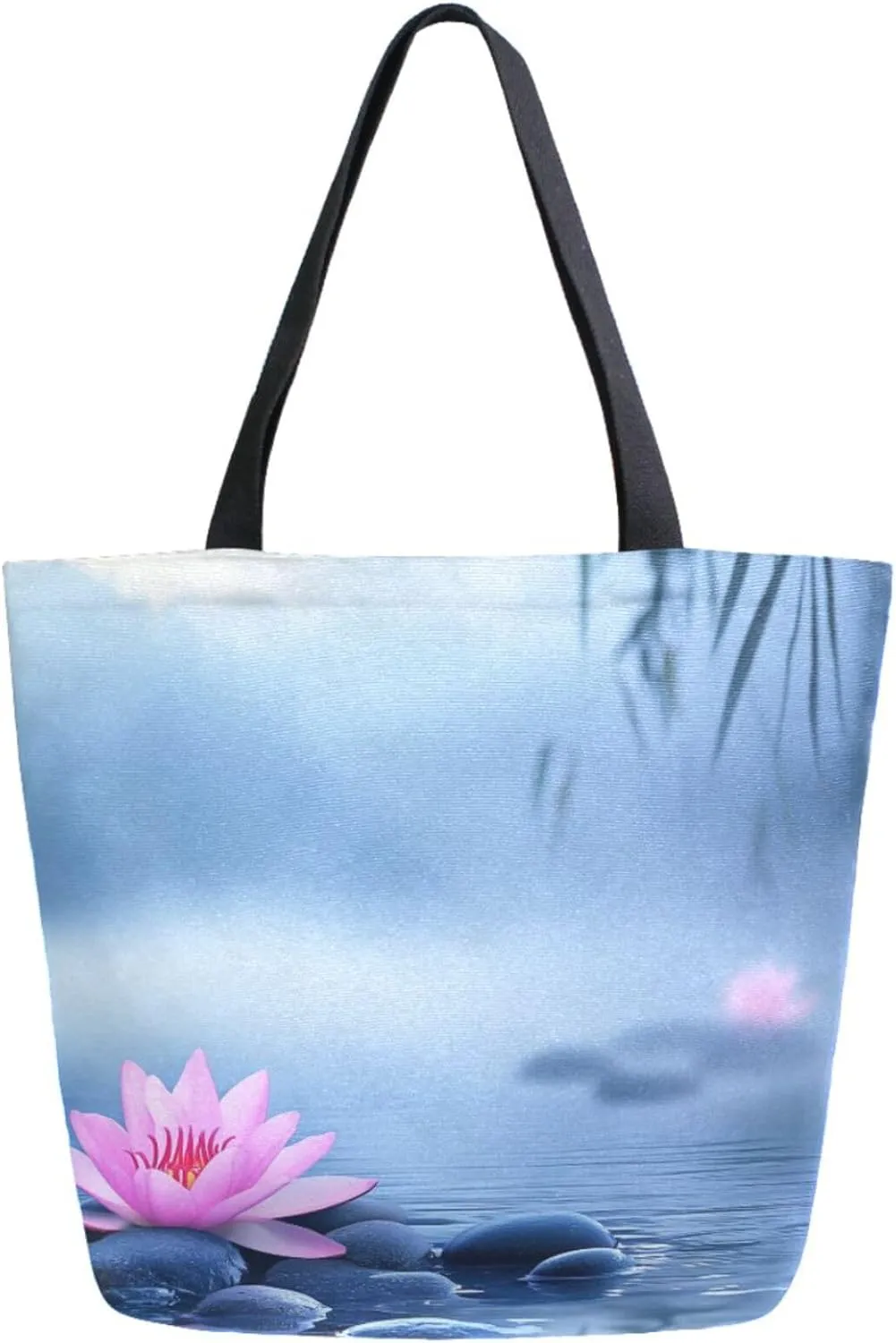 Extra Large Shoulder Gym Tote Bag, Foggy Spa Pink Lotus Stone Natural Canvas Handle Bag for Yoga Weekender Picnic Beach Travel Kitchen Reusable Market Grocery Shopping