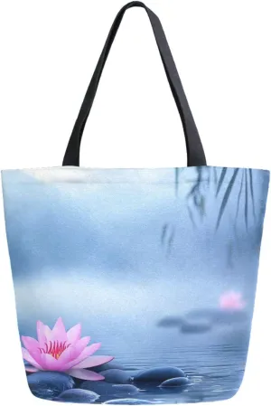 Extra Large Shoulder Gym Tote Bag, Foggy Spa Pink Lotus Stone Natural Canvas Handle Bag for Yoga Weekender Picnic Beach Travel Kitchen Reusable Market Grocery Shopping