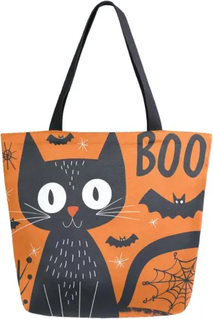 Extra Large Shoulder Gym Tote Bag, Halloween Boo Black Cat Orange Canvas Handle Bag for Yoga Weekender Picnic Beach Travel Kitchen Reusable Market Grocery Shopping