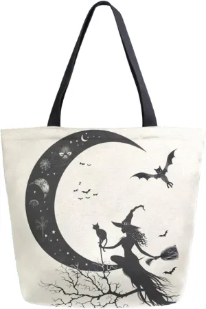Extra Large Shoulder Gym Tote Bag, Halloween Withch Sit in Moon with Cat Bats Canvas Handle Bag for Yoga Weekender Picnic Beach Travel Kitchen Reusable Market Grocery Shopping