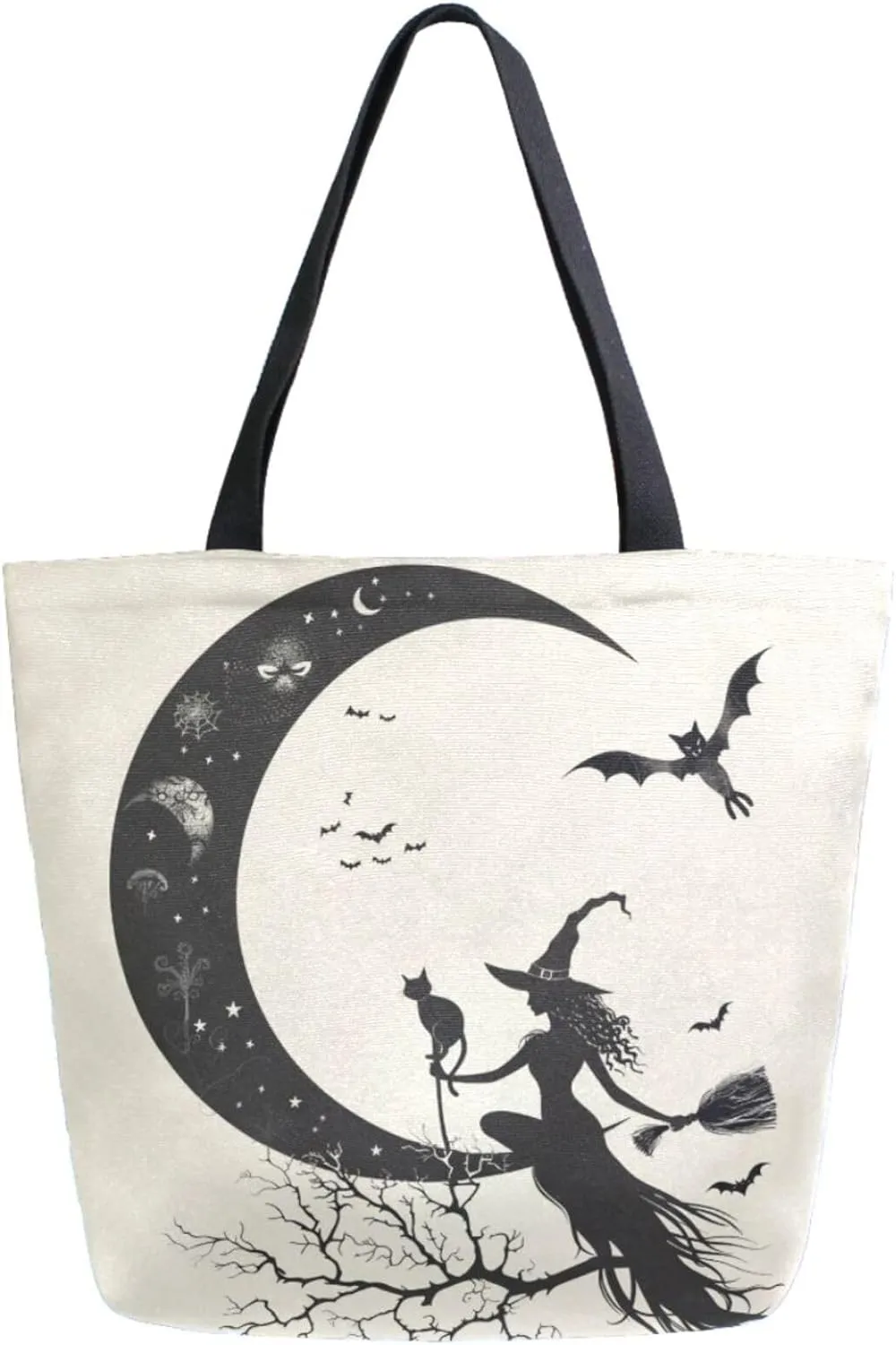 Extra Large Shoulder Gym Tote Bag, Halloween Withch Sit in Moon with Cat Bats Canvas Handle Bag for Yoga Weekender Picnic Beach Travel Kitchen Reusable Market Grocery Shopping