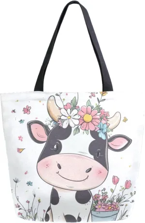 Extra Large Shoulder Gym Tote Bag, Sweet Cartoon Little Cow in Flowers Canvas Handle Bag for Yoga Weekender Picnic Beach Travel Kitchen Reusable Market Grocery Shopping