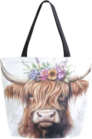 Extra Large Shoulder Gym Tote Bag, Wtercolor Art Highland Cow in Flowers White Canvas Handle Bag for Yoga Weekender Picnic Beach Travel Kitchen Reusable Market Grocery Shopping