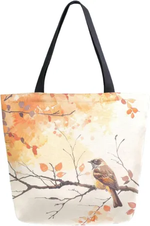 Fashion Extra Large Shoulder Grocery Tote Bag, Autumn Tree Branch Bird Beige Canvas Daily Handle Bag for Gym Yoga Weekender Beach Travel Picnic Kitchen Reusable Market Shopping