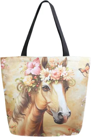Fashion Extra Large Shoulder Grocery Tote Bag, Beautiful Horse in Flower Wreath Butterfly Canvas Daily Handle Bag for Gym Yoga Weekender Beach Travel Picnic Kitchen Reusable Market Shopping