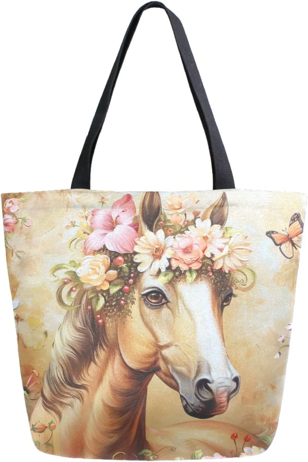 Fashion Extra Large Shoulder Grocery Tote Bag, Beautiful Horse in Flower Wreath Butterfly Canvas Daily Handle Bag for Gym Yoga Weekender Beach Travel Picnic Kitchen Reusable Market Shopping