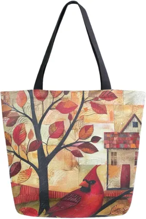Fashion Extra Large Shoulder Grocery Tote Bag, Beautiful Rural House Branch Cardinal Canvas Daily Handle Bag for Gym Yoga Weekender Beach Travel Picnic Kitchen Reusable Market Shopping