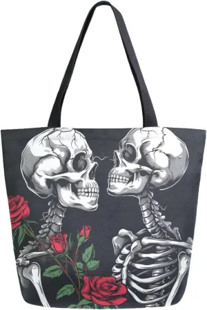 Fashion Extra Large Shoulder Grocery Tote Bag, Couple Skeleton with Red Rose Black Canvas Daily Handle Bag for Gym Yoga Weekender Beach Travel Picnic Kitchen Reusable Market Shopping
