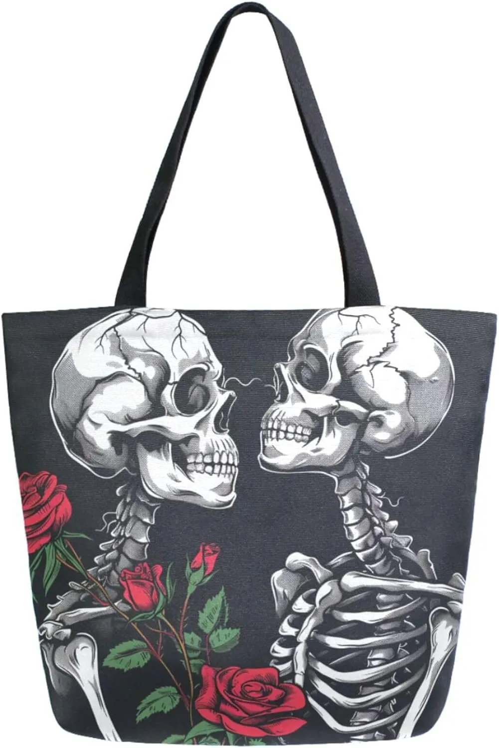 Fashion Extra Large Shoulder Grocery Tote Bag, Couple Skeleton with Red Rose Black Canvas Daily Handle Bag for Gym Yoga Weekender Beach Travel Picnic Kitchen Reusable Market Shopping