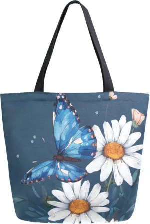 Fashion Extra Large Shoulder Grocery Tote Bag, Daisy Flower Blue Butterfly Canvas Daily Handle Bag for Gym Yoga Weekender Beach Travel Picnic Kitchen Reusable Market Shopping