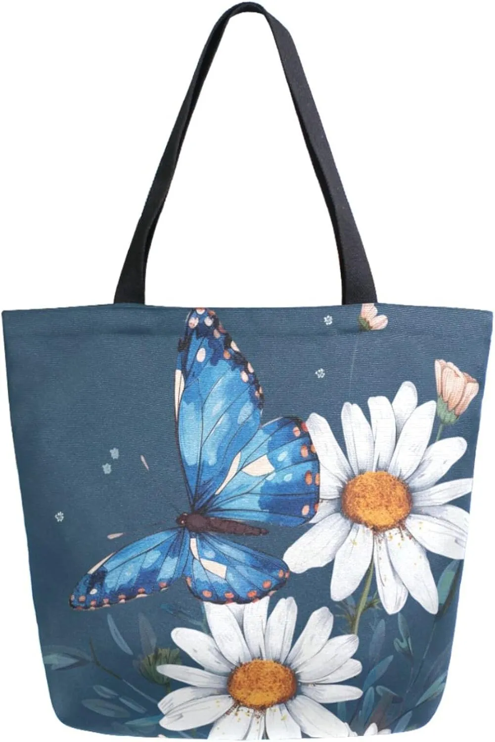 Fashion Extra Large Shoulder Grocery Tote Bag, Daisy Flower Blue Butterfly Canvas Daily Handle Bag for Gym Yoga Weekender Beach Travel Picnic Kitchen Reusable Market Shopping