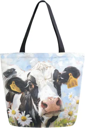 Fashion Extra Large Shoulder Grocery Tote Bag, Daisy Flowers Cute Cow Painting Canvas Daily Handle Bag for Gym Yoga Weekender Beach Travel Picnic Kitchen Reusable Market Shopping