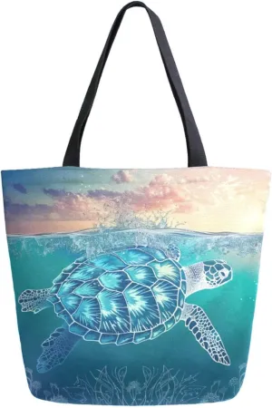 Fashion Extra Large Shoulder Grocery Tote Bag, Water Sea Turtle Art Design Canvas Daily Handle Bag for Gym Yoga Weekender Beach Travel Picnic Kitchen Reusable Market Shopping