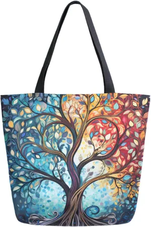 Fashion Pattern Extra Large Shoulder Grocery Tote Bag, Beautiful Tree with Colors Leaves Art Painting Canvas Daily Handle Bag for Gym Weekender Beach Travel Kitchen Reusable Market Shopping