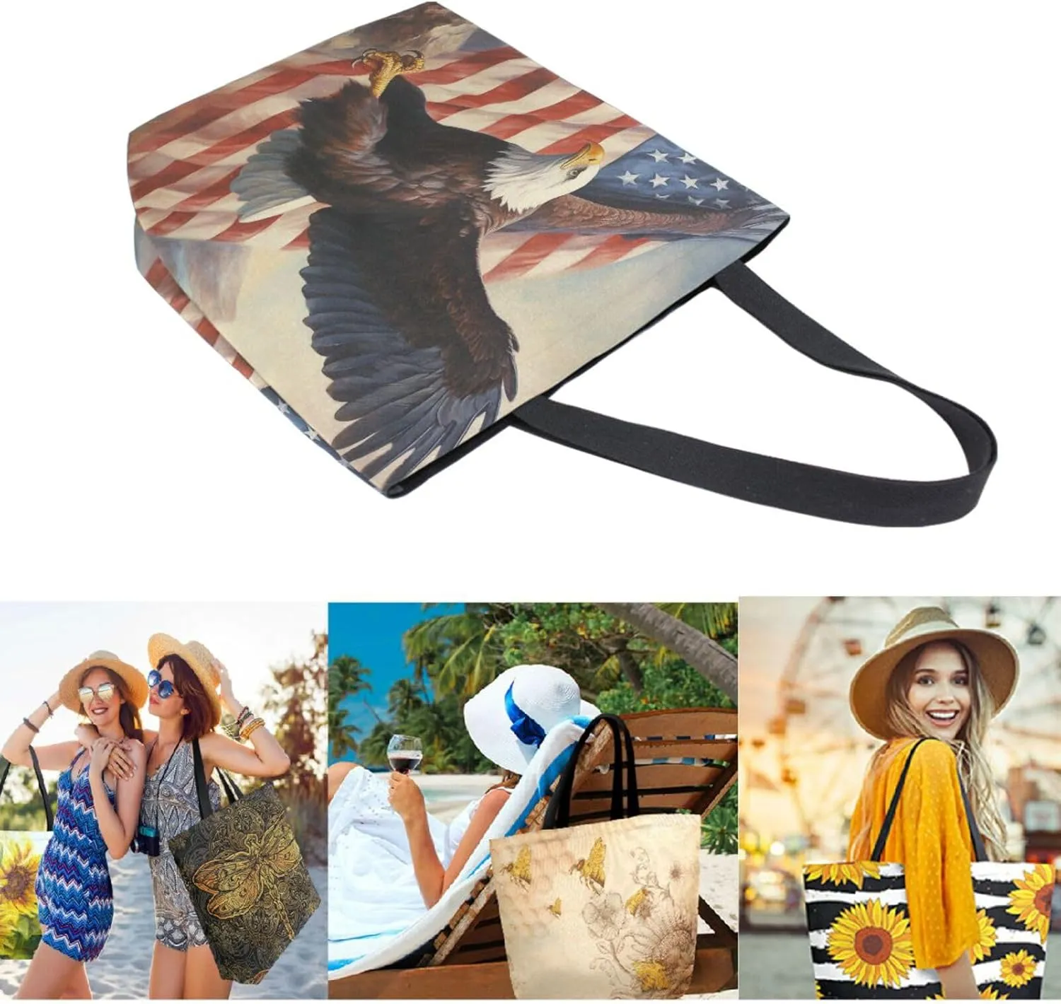Fashion Pattern Extra Large Shoulder Grocery Tote Bag, Cool Flying Eagle Usa Flag Canvas Daily Handle Bag for Gym Weekender Beach Travel Kitchen Reusable Market Shopping