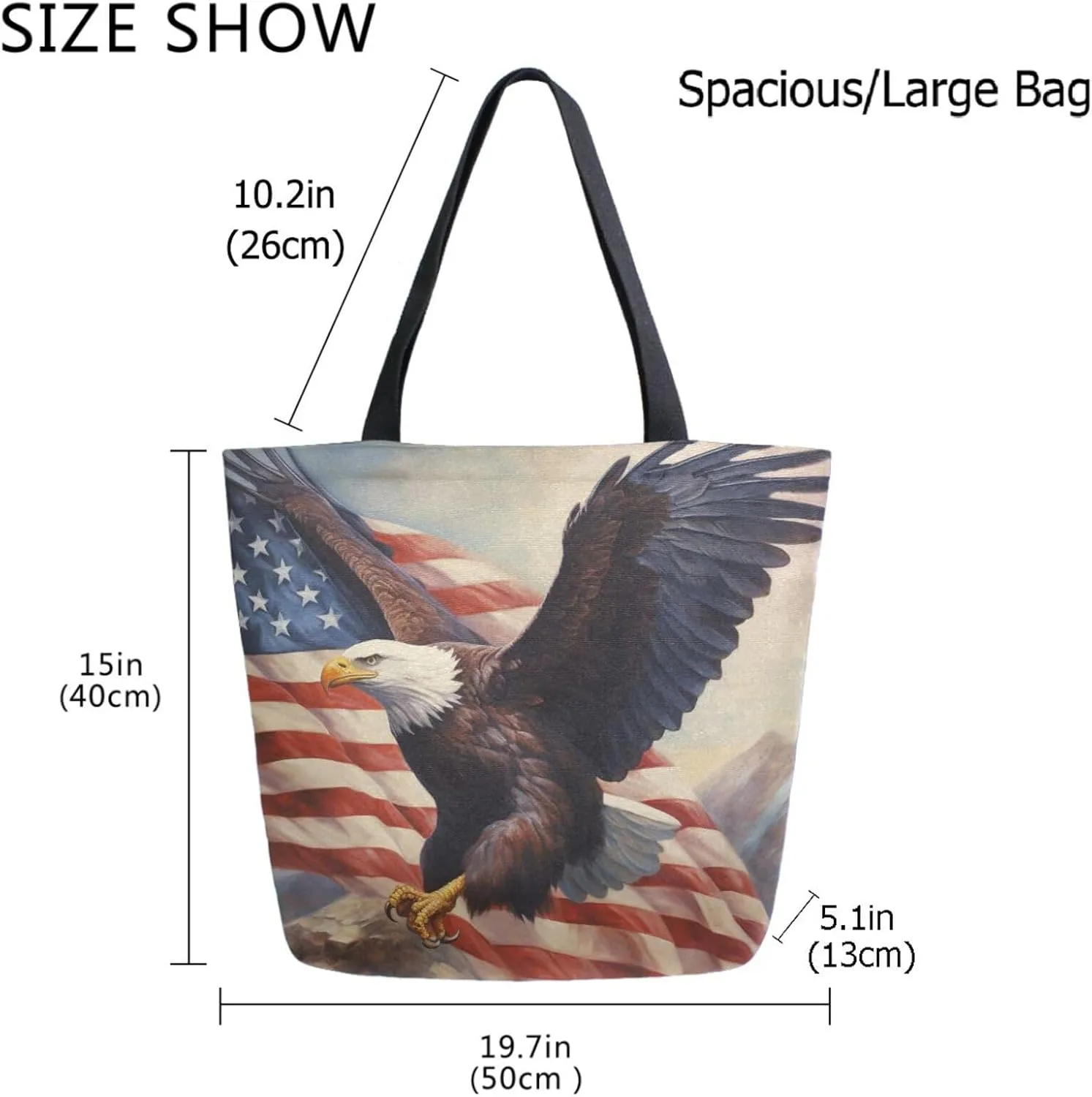 Fashion Pattern Extra Large Shoulder Grocery Tote Bag, Cool Flying Eagle Usa Flag Canvas Daily Handle Bag for Gym Weekender Beach Travel Kitchen Reusable Market Shopping