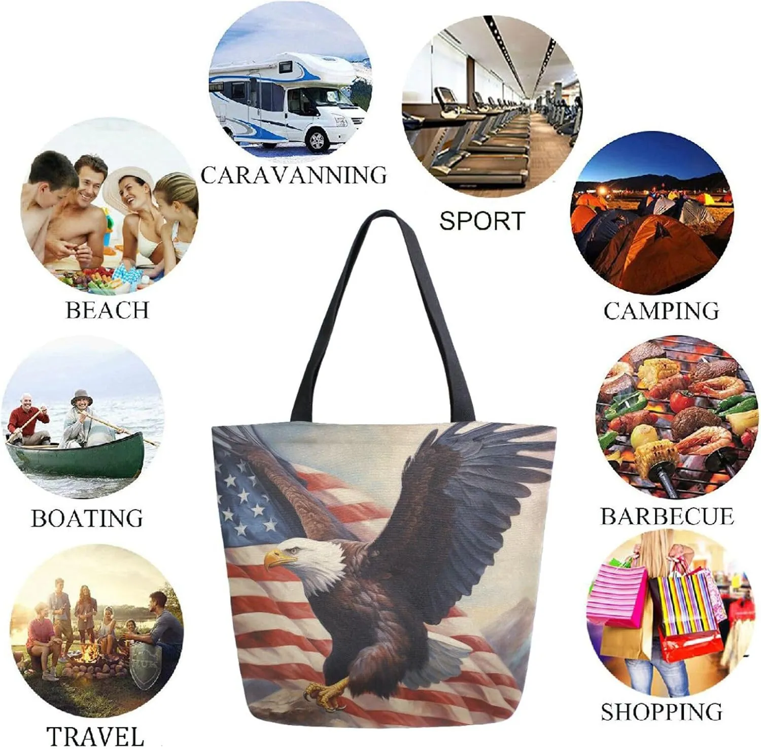 Fashion Pattern Extra Large Shoulder Grocery Tote Bag, Cool Flying Eagle Usa Flag Canvas Daily Handle Bag for Gym Weekender Beach Travel Kitchen Reusable Market Shopping