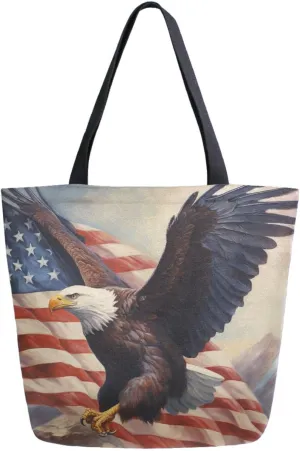 Fashion Pattern Extra Large Shoulder Grocery Tote Bag, Cool Flying Eagle Usa Flag Canvas Daily Handle Bag for Gym Weekender Beach Travel Kitchen Reusable Market Shopping