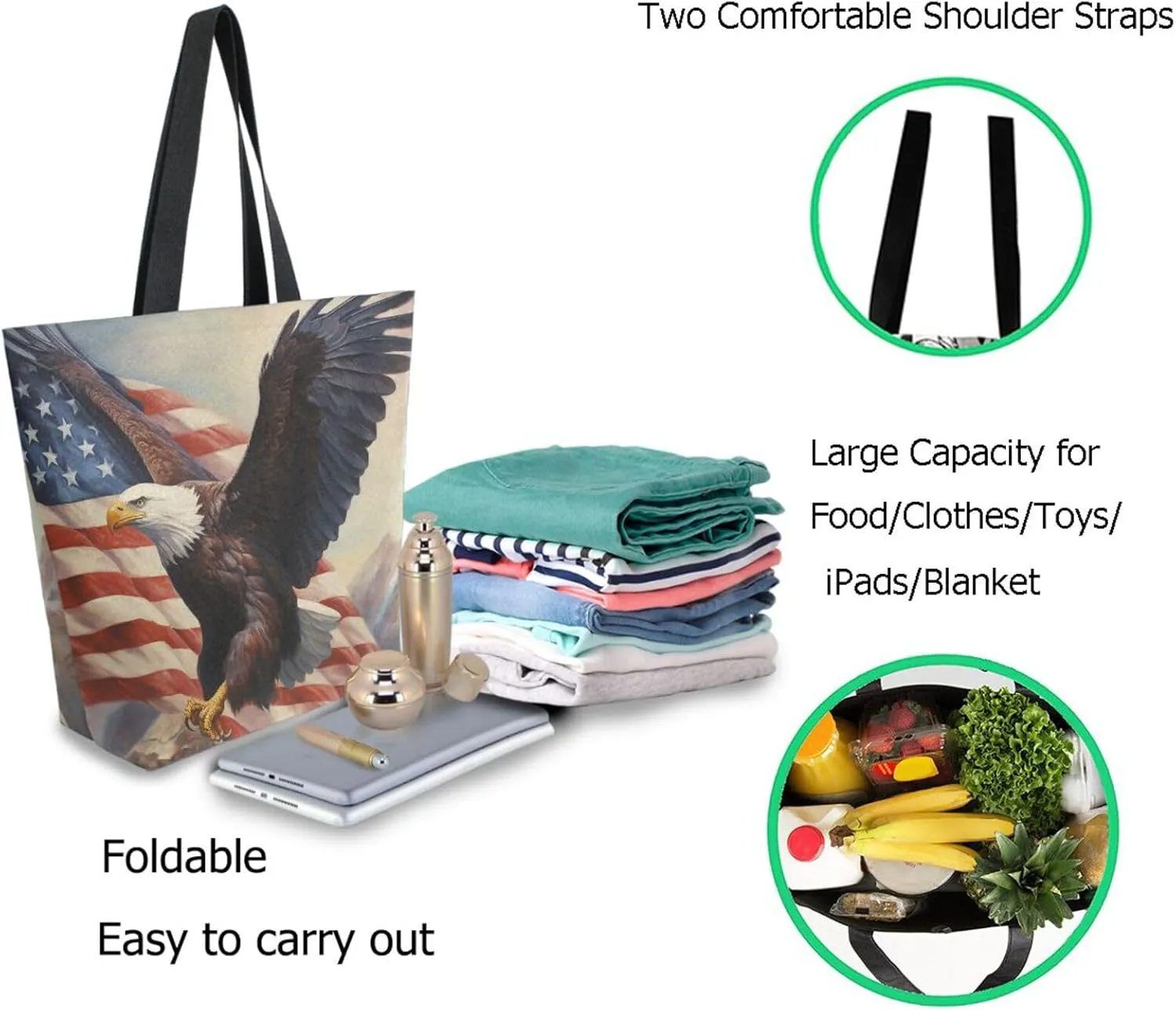 Fashion Pattern Extra Large Shoulder Grocery Tote Bag, Cool Flying Eagle Usa Flag Canvas Daily Handle Bag for Gym Weekender Beach Travel Kitchen Reusable Market Shopping