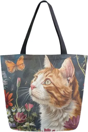 Fashion Pattern Extra Large Shoulder Grocery Tote Bag, Curious Cat Look at Butterfly Flowers Canvas Daily Handle Bag for Gym Weekender Beach Travel Kitchen Reusable Market Shopping