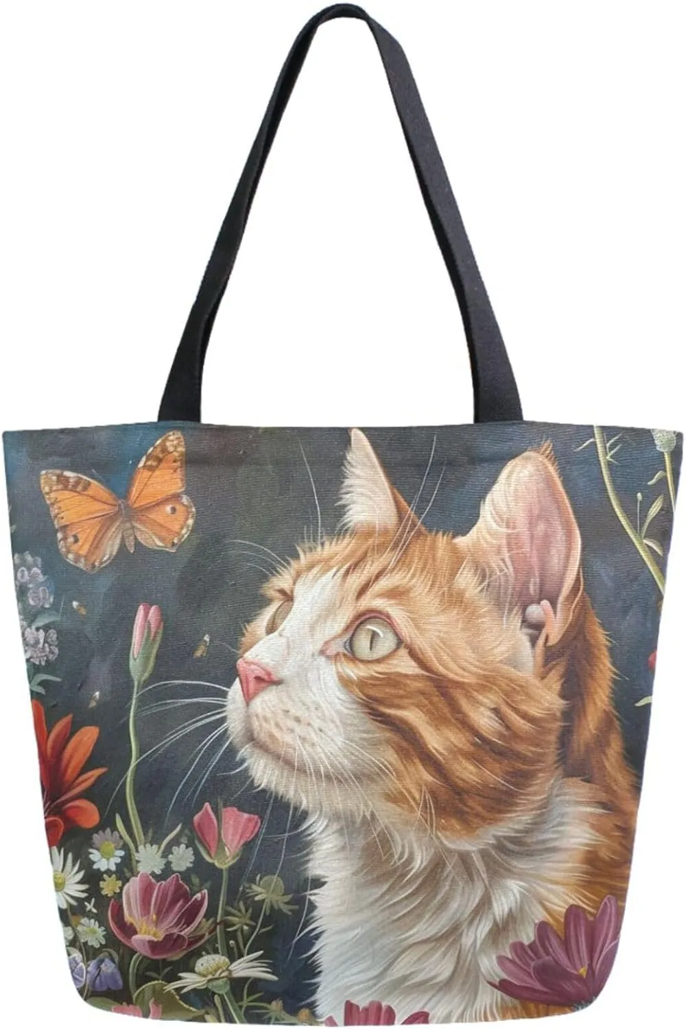 Fashion Pattern Extra Large Shoulder Grocery Tote Bag, Curious Cat Look at Butterfly Flowers Canvas Daily Handle Bag for Gym Weekender Beach Travel Kitchen Reusable Market Shopping