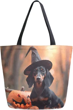 Fashion Pattern Extra Large Shoulder Grocery Tote Bag, Dressed Dachshund Halloween Background Canvas Daily Handle Bag for Gym Weekender Beach Travel Kitchen Reusable Market Shopping