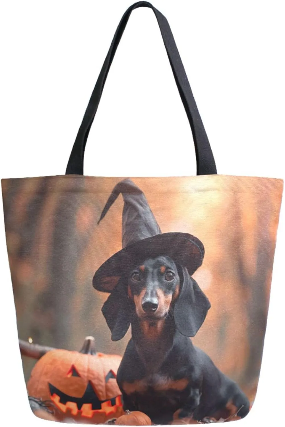 Fashion Pattern Extra Large Shoulder Grocery Tote Bag, Dressed Dachshund Halloween Background Canvas Daily Handle Bag for Gym Weekender Beach Travel Kitchen Reusable Market Shopping
