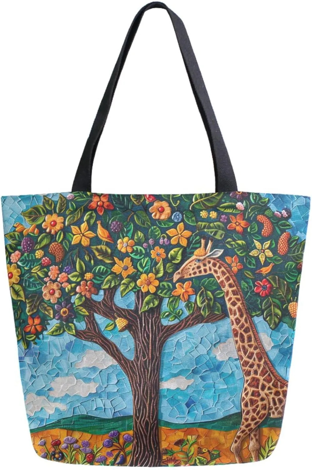 Fashion Pattern Extra Large Shoulder Grocery Tote Bag, Spring Colors Flowers Tree Giraffe Canvas Daily Handle Bag for Gym Weekender Beach Travel Kitchen Reusable Market Shopping