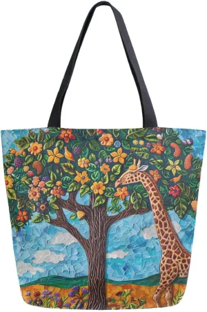 Fashion Pattern Extra Large Shoulder Grocery Tote Bag, Spring Colors Flowers Tree Giraffe Canvas Daily Handle Bag for Gym Weekender Beach Travel Kitchen Reusable Market Shopping