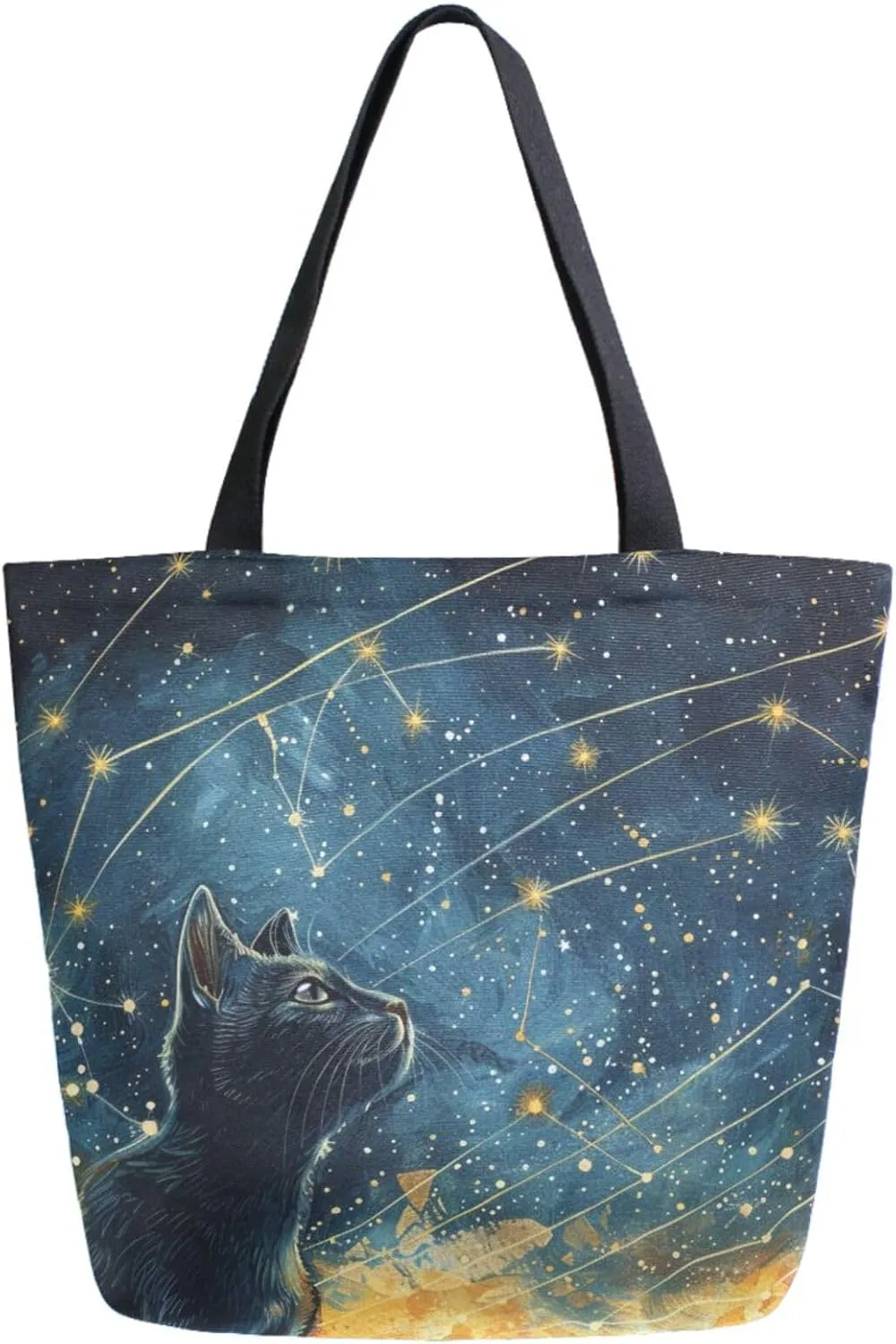 Fashion Pattern Extra Large Shoulder Grocery Tote Bag, Starry Sky Stars Black Cat Painting Canvas Daily Handle Bag for Gym Weekender Beach Travel Kitchen Reusable Market Shopping