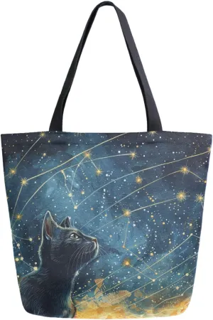 Fashion Pattern Extra Large Shoulder Grocery Tote Bag, Starry Sky Stars Black Cat Painting Canvas Daily Handle Bag for Gym Weekender Beach Travel Kitchen Reusable Market Shopping