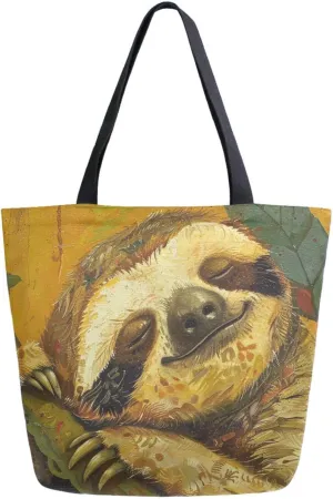 Fashion Pattern Extra Large Shoulder Grocery Tote Bag, Tropical Leaves Cute Sloth Painting Canvas Daily Handle Bag for Gym Weekender Beach Travel Kitchen Reusable Market Shopping