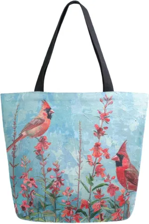 Fashion Pattern Extra Large Shoulder Grocery Tote Bag, Vintage Painting Cardinal Flowers Canvas Daily Handle Bag for Gym Weekender Beach Travel Kitchen Reusable Market Shopping