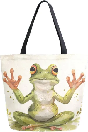 Fashion Pattern Extra Large Shoulder Grocery Tote Bag, Yoga Frog Canvas Daily Handle Bag for Gym Weekender Beach Travel Kitchen Reusable Market Shopping