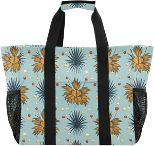 Fashion Tropical Leaf Grey Brown Utility Bag And Tote Foldable Beach Tote Bag With Pockets Reuseable Shopping Bags with Handles Carry Totes
