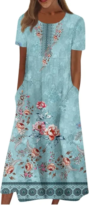 FlekmanArt Women's 2025 Summer Maxi Dress, Pocket Printed, Pleated Round Neck, Short Sleeve, Casual, Long Dress