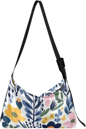 Floral Flowers Pink Blue Yellow Tote Bag for Women Large Hobo Bags Hobo Crossbody Handbag Leather Hobo Bags with Adjustable Strap for Travel School
