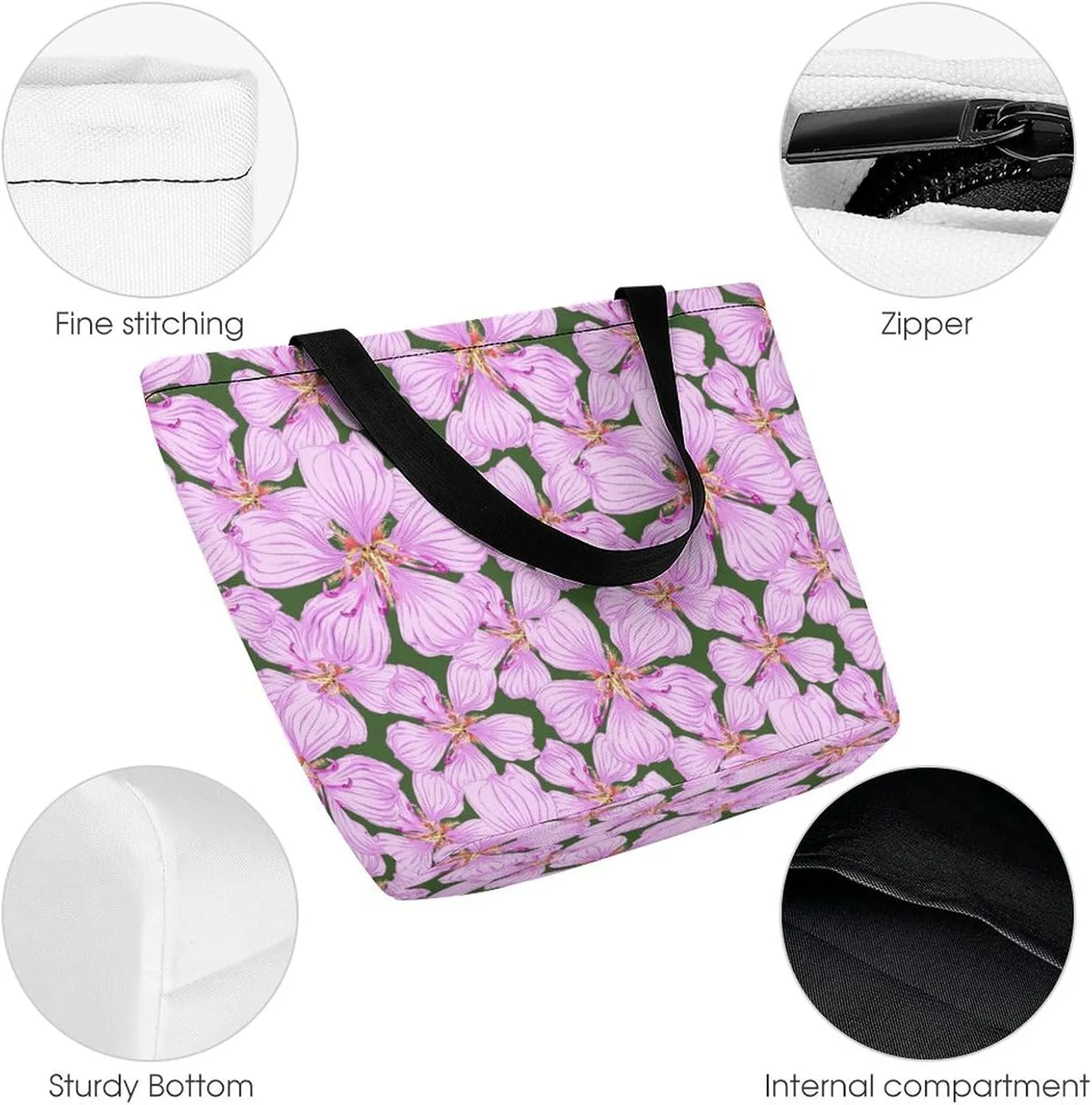 Floral with Purple Flowers Hobo Handbags With Zipper Women's Tote Handbags