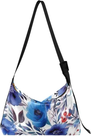 Flowers Blue Purple Tote Bag for Women Large Hobo Bags Leather Crossbody Bags Hobo Purse with Adjustable Strap for School Girl