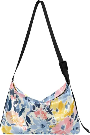 Flowers Florals Tote Bag for Women Large Hobo Bags Hobo Crossbody Handbag Leather Hobo Bags with Adjustable Strap for School Girl